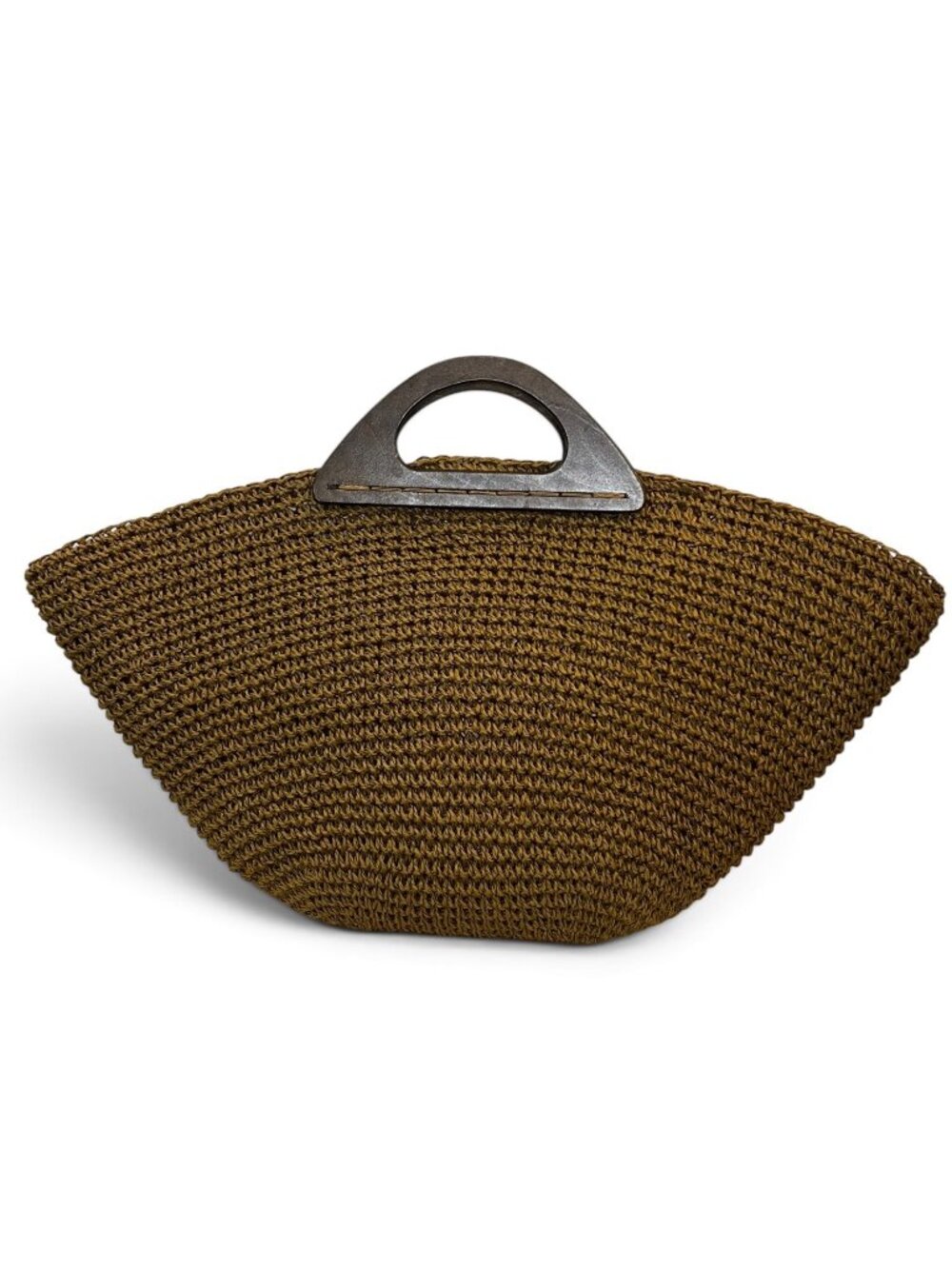 Woven Straw Handbag With Wooden Handles & Snap Closure